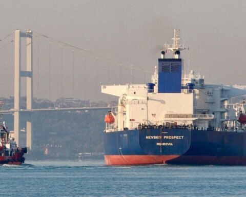 Russian-linked oil tanker transiting the Bosphorus Strait in Istanbul